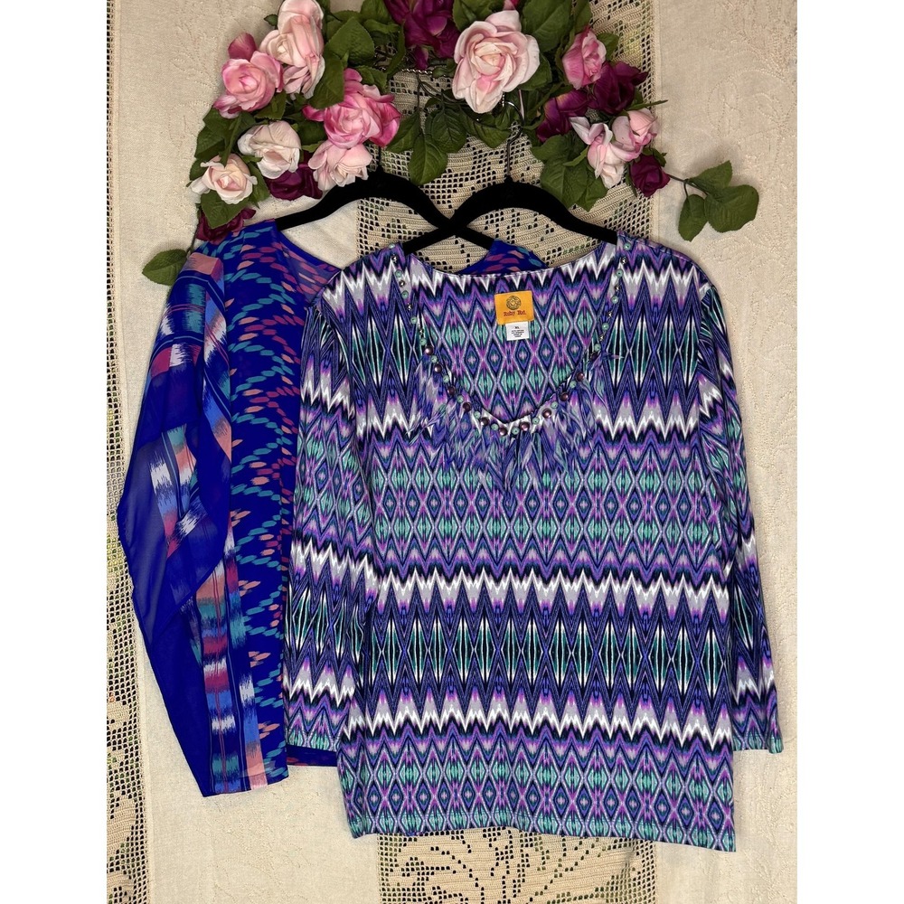 Ruby Rd Blouses Lot Womens XL Petite XL Blue Purple Ikat Embellished Sheer